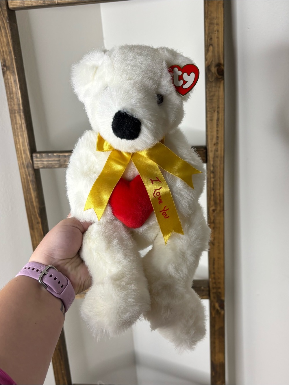 Ty Beanie Baby Romeo Large White Teddy Bear with Red Heart and Yellow Ribbon